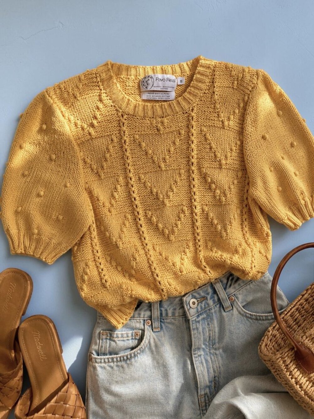 Vintage Hand Knit Peruvian Cotton Bobble Sweater Puff Sleeve Cottagecore Size S
